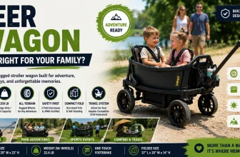 Veer Wagon feature image showing two children riding in a rugged stroller wagon on an outdoor family adventure path with all-terrain, safety, storage, and travel-ready highlights.