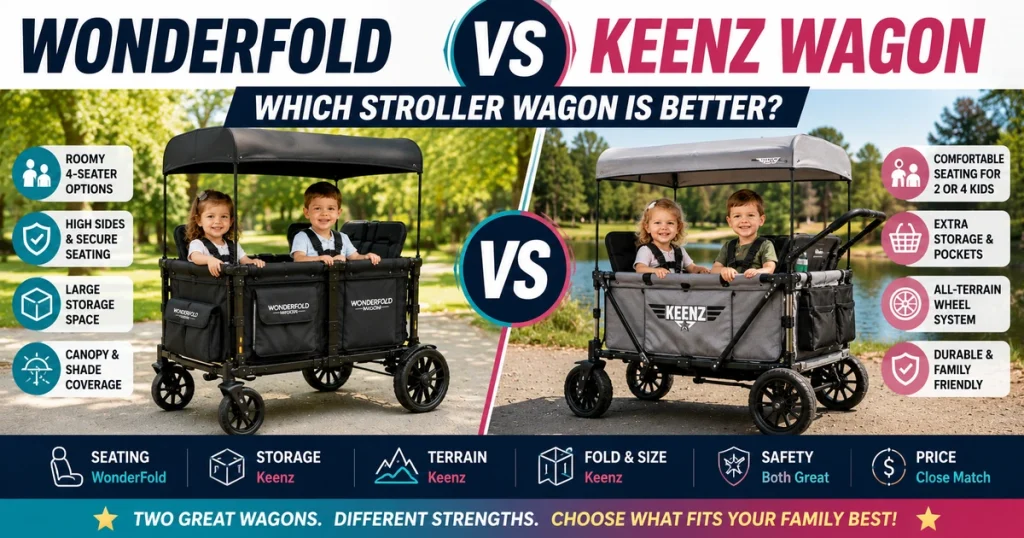 WonderFold vs Keenz Wagon comparison feature image showing two stroller wagons side by side with seating, storage, terrain, fold, safety, and price highlights.