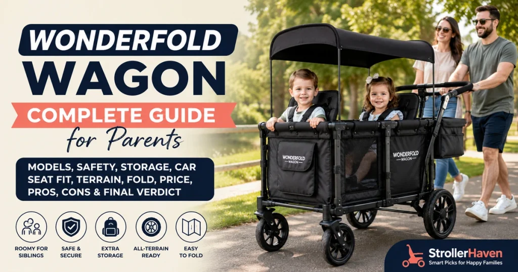 WonderFold Wagon complete guide feature image showing a family using a stroller wagon outdoors with safety, storage, car seat fit, terrain, fold, and parent-friendly feature highlights.